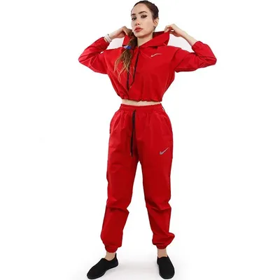 3844ad93f5874296a805a8f04aab6435-mmedium ست نیم تنه شلوار زنانه طرح نایک بادگیر کلاه دار روما KHS | قرمز - Image 1