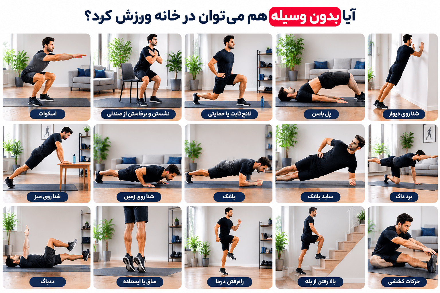 نمایش چند حرکت تمرینی بدون وسیله در خانه، شامل اسکوات، نشستن و برخاستن از صندلی، لانج، پل باسن، شنا، پلانک، برد داگ، ددباگ، ساق پا، راه رفتن درجا، بالا رفتن از پله و حرکات کششی برای شروع ورزش خانگی با وزن بدن.