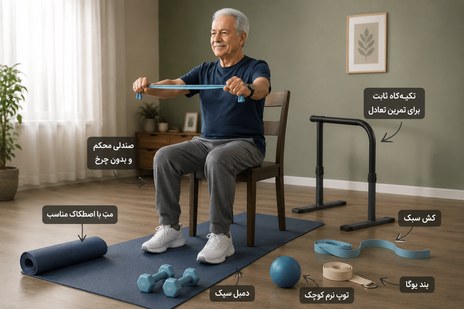 سالمندی در حال تمرین ایمن با کش سبک روی صندلی محکم در فضای خانه، همراه با مت ورزشی، دمبل سبک، توپ نرم کوچک و تکیه‌گاه ثابت، برای نمایش تجهیزات ساده و کم‌خطر مناسب تمرین سالمندان، تقویت عضلات و حفظ تعادل.