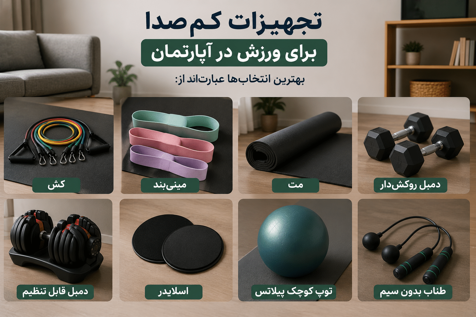 نمایی از وسایل کم‌صدا و کم‌جا برای ورزش در آپارتمان شامل کش مقاومتی، مینی‌بند، مت ورزشی، دمبل روکش‌دار، دمبل قابل تنظیم، اسلایدر، توپ کوچک پیلاتس و طناب بدون سیم، مناسب تمرین خانگی در فضای محدود.