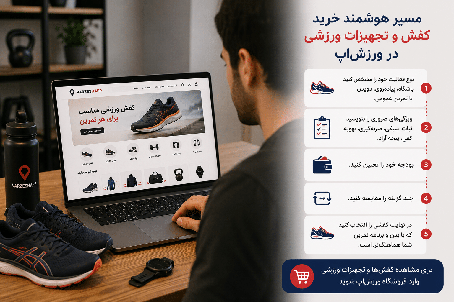 فردی در حال بررسی کفش ورزشی و تجهیزات تمرین در فروشگاه آنلاین ورزشاپ با لپتاپ، همراه با کفش ورزشی، بطری آب، ساعت ورزشی و وسایل تمرین برای خرید آگاهانه بر اساس نوع فعالیت و نیاز تمرینی.