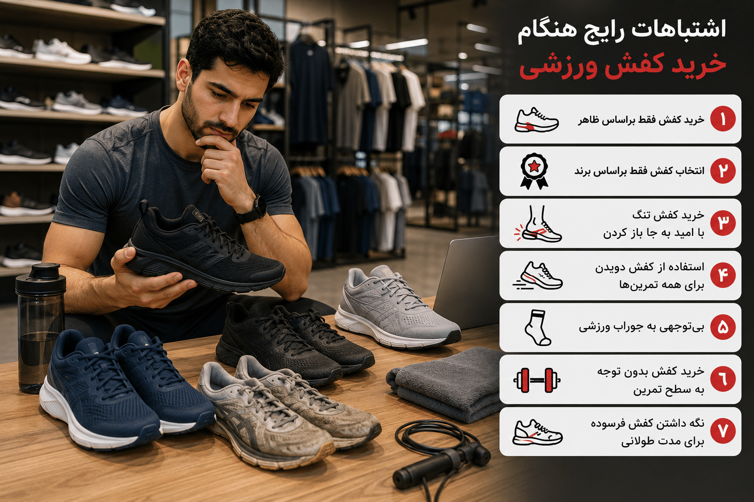 فردی در حال بررسی چند مدل کفش ورزشی در فروشگاه، همراه با نمایش اشتباهات رایج خرید کفش مثل انتخاب بر اساس ظاهر، برند، سایز تنگ، استفاده نادرست برای تمرین و نگه داشتن کفش فرسوده.