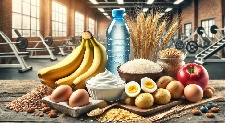 تصویری از مواد غذایی مناسب برای تغذیه بعد از تمرین، شامل منابع پروتئینی مانند تخممرغ و ماست یونانی، کربوهیدراتهایی مثل برنج و سیبزمینی، یک موز سرشار از پتاسیم، به همراه بطری آب و نوشیدنی الکترولیت برای حفظ تعادل مایعات بدن، چیده شده روی میز چوبی با پسزمینهای از باشگاه ورزشی