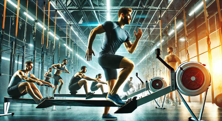 ورزشکاران در یک مرکز تمرینی حرفهای در حال انجام تمرینات استقامتی شامل HIIT، دویدن مسافت طولانی، تمرینات قایقرانی و دوچرخهسواری برای افزایش ظرفیت قلبی و عضلانی.