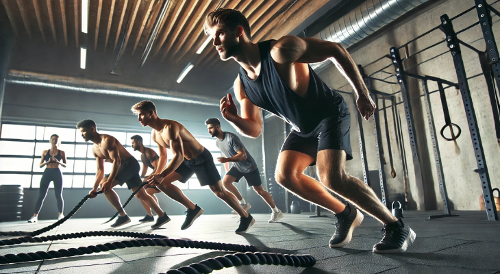 ورزشکاران در یک باشگاه حرفهای در حال انجام تمرینات HIIT، شامل دو سرعت، تمرین با طناب جنگی، تمرینات کتلبل و حرکات انفجاری وزن بدن، برای افزایش استقامت و تقویت عضلات