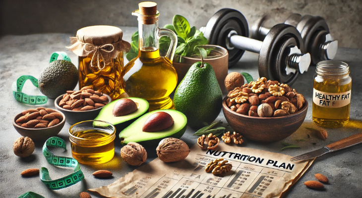یک صحنه تغذیه ورزشی شامل منابع چربی سالم مانند روغن زیتون، آووکادو، گردو، بادام و سایر آجیلها، همراه با یک برنامه تغذیه یا تمرینی در پسزمینه، نشاندهنده اهمیت چربیهای سالم در رژیم غذایی ورزشکاران