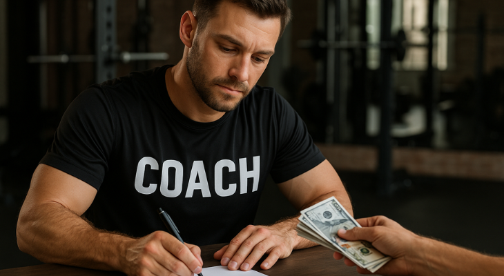 مربی ورزشی مرد با تیشرت مشکی و نوشته COACH در باشگاه، در حال امضای قرارداد و دریافت دستمزد نقدی