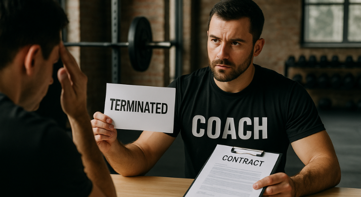 مربی ورزشی مرد با تیشرت مشکی و نوشته COACH در باشگاه، در حال نمایش برگه فسخ قرارداد به طرف مقابل