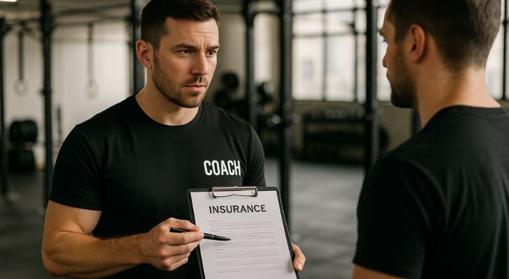مربی ورزشی مرد با تیشرت مشکی و نوشته COACH در باشگاه، در حال نشان دادن فرم بیمه به ورزشکار مرد