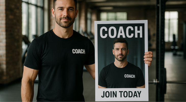 مربی ورزشی مرد با تیشرت مشکی و نوشته COACH در باشگاه، در حال نمایش پوستر تبلیغاتی شامل تصویر خود