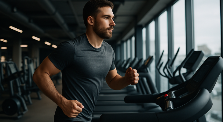 مرد ورزشکار در حال دویدن روی تردمیل در باشگاه مدرن، با پس‌زمینه‌ای از دستگاه‌های هوازی دیگر، نمادی از نقش کلیدی تمرینات هوازی در چربی‌سوزی و لاغری.