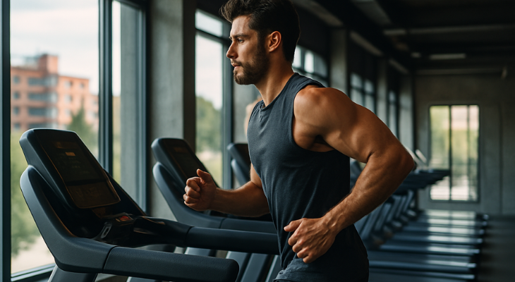 مرد ورزشکار عضلانی در حال دویدن روی تردمیل در باشگاه مدرن با نور طبیعی و نمای لنداسکیپ ۱۶:۹.