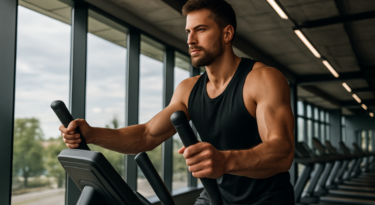 مرد ورزشکار در باشگاه مدرن در حال تمرین روی دستگاه الپتیکال، با درگیر شدن هم‌زمان دست‌ها و پاها برای کالری‌سوزی و تناسب اندام، در نمای لنداسکیپ ۱۶:۹.