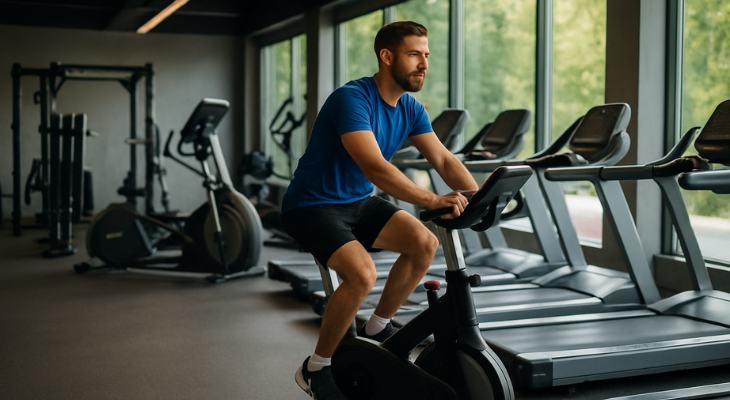 یک مرد ورزشکار ریش‌دار در حال رکاب‌زدن روی دوچرخه ثابت در یک باشگاه مدرن، نمایی دورتر با زاویه باز.