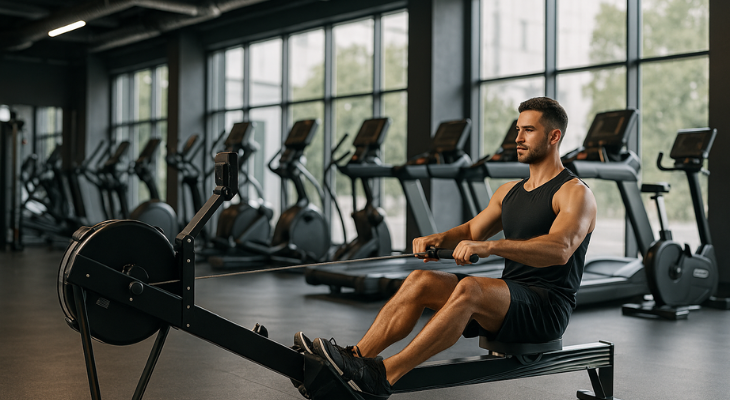 یک مرد ورزشی عضلانی در حال تمرین روی دستگاه روئینگ (پاروزنی) در یک باشگاه مدرن، با تمرکز روی حرکات دست و پا برای تقویت عضلات و افزایش استقامت.