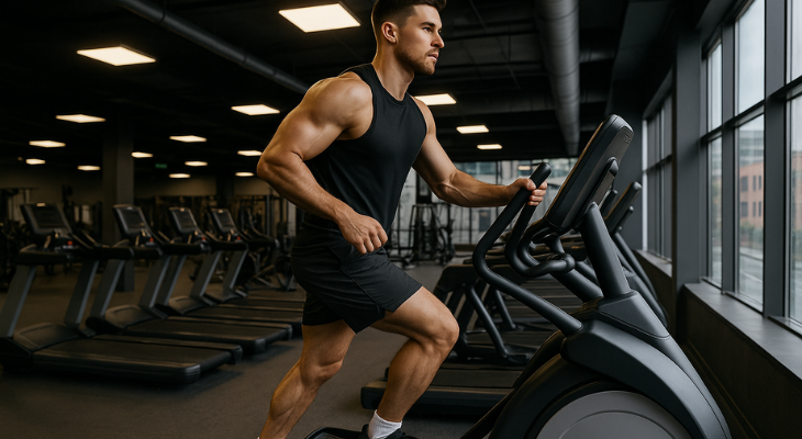 مرد ورزشکار در حال تمرین با دستگاه استپر در باشگاه مدرن برای افزایش استقامت و سوزاندن کالری