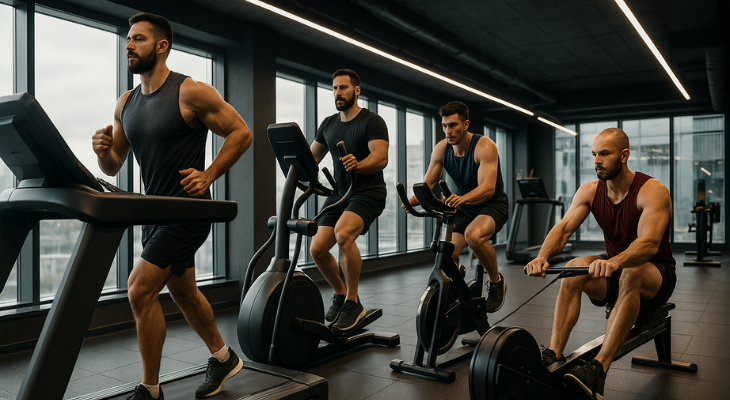 نمایی از باشگاه مدرن با چند ورزشکار مرد در حال تمرین روی دستگاه‌های هوازی مختلف مانند تردمیل، دوچرخه ثابت و روئینگ برای چربی‌سوزی حداکثری