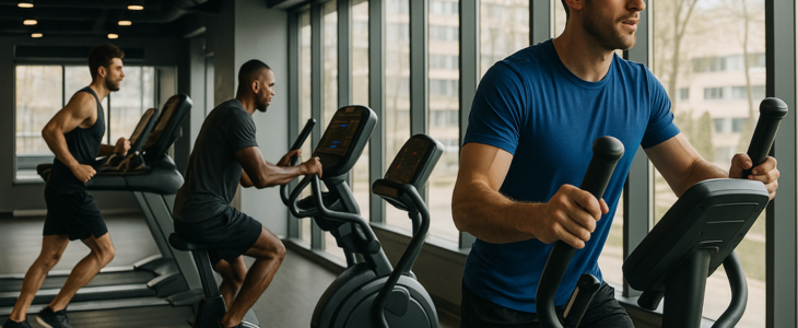 نمایی لنداسکیپ از باشگاه مدرن با چند مرد ورزشکار در حال تمرین روی تردمیل، دوچرخه ثابت و دستگاه الیپتیکال، نمادی از بهترین دستگاه‌های هوازی برای چربی‌سوزی.