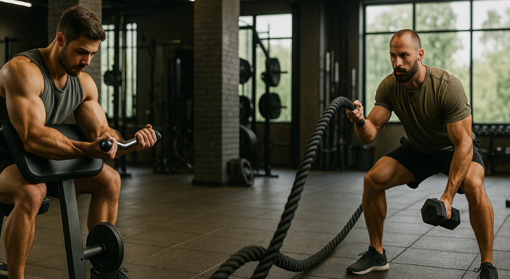 دو ورزشکار در باشگاه مدرن؛ یکی در حال تمرین با دستگاه بدنسازی و دیگری در حال انجام تمرین فانکشنال با طناب سنگین برای نمایش تفاوت بین دو سبک تمرینی. 