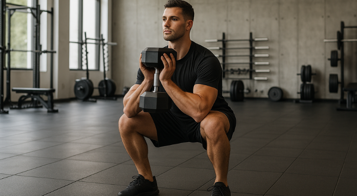 مرد ورزشکار در حال انجام اسکوات گابلت با دمبل در باشگاه بزرگ و روشن، به‌صورت تمام‌قد و با فرم صحیح بدن. 