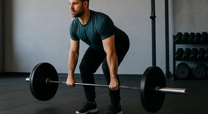 مرد ورزشکار در حال انجام حرکت ددلیفت رومانیایی با فرم صحیح بدن در باشگاه مدرن و روشن، در حالی‌که پاها تقریباً صاف و کمر صاف نگه داشته شده است. 