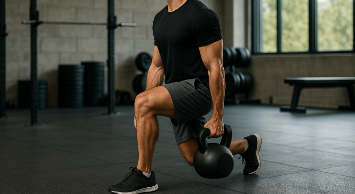 مرد ورزشکار در حال انجام حرکت لانگز چمدانی با دمبل در یک دست در باشگاه مدرن و روشن، در حالی‌که بدن در تعادل کامل و زانوی جلو خم شده است. 