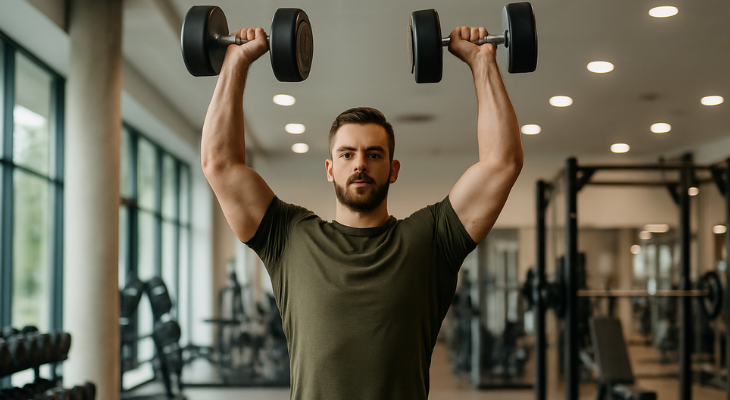 مرد ورزشکار در حالت ایستاده در باشگاه در حال پرس سرشانه با دمبل برای تقویت شانه‌ها و عضلات مرکزی بدن با فرم صحیح و متعادل. 