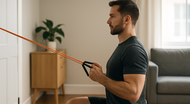 مرد ورزشکار در حال انجام حرکت روئینگ با کش تمرینی در فضای روشن خانه، در حالی‌که کش را به سمت بدن خود می‌کشد و عضلات پشت و بازو درگیر هستند