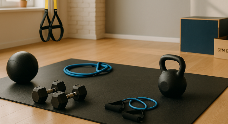 فضای تمرینی روشن و خانگی با دمبل، کتل‌بل، کش تمرینی، توپ مدیسن‌بال و TRX که برای تمرینات فانکشنال فیتنس آماده شده است.