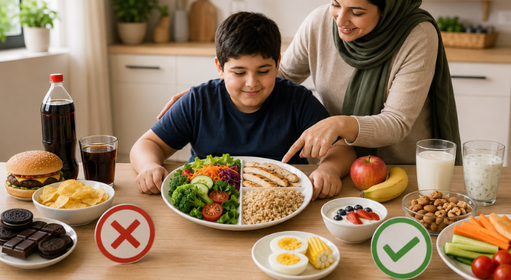 مادر و کودک در آشپزخانه در حال بررسی یک بشقاب غذای سالم شامل سبزیجات، پروتئین و غلات هستند؛ کنار آنها میوه، ماست، تخممرغ، مغزها و برخی خوراکیهای پرکالری دیده میشود.