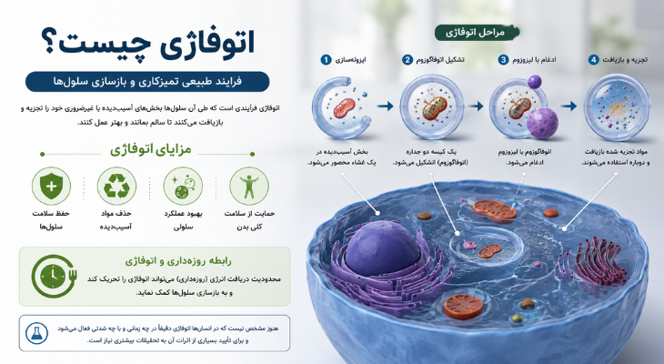 تصویر سهبعدی و آموزشی از فرایند اتوفاژی در سلولهای بدن و ارتباط آن با روزه ۷۲ ساعته؛ نمایش تجزیه و بازیافت بخشهای آسیبدیده سلول برای حفظ سلامت سلولی