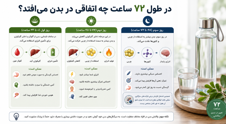 اینفوگرافیک تغییرات بدن در طول روزه ۷۲ ساعته شامل استفاده از گلوکز و گلیکوژن در روز اول، ورود به چربیسوزی و کتوز در روز دوم و افزایش استفاده از کتونها و سازگاری سلولی در روز سوم