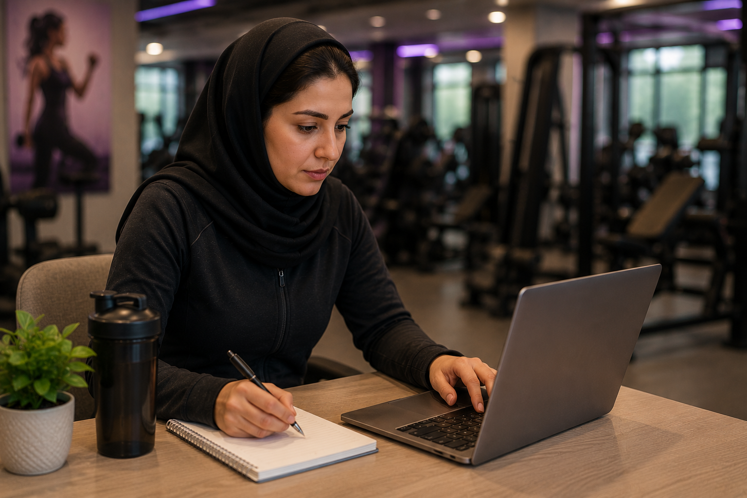بانوی ایرانی در حال یادداشتبرداری و جستوجوی آنلاین برای پیدا کردن باشگاه بانوان نزدیک خانه، محل کار یا محله موردنظر در فضای آرام و مدرن یک باشگاه ورزشی.