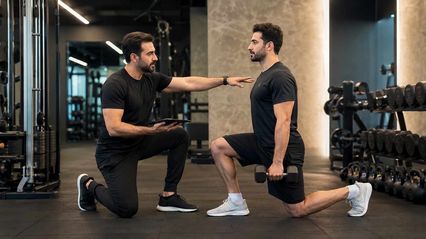 مربی ورزشی در حال اصلاح فرم حرکت لانج یک ورزشکار در باشگاه بدنسازی مدرن و تمیز، برای نمایش نقش مربی حرفهای در آموزش صحیح، بررسی شرایط فردی و پیشگیری از آسیب.