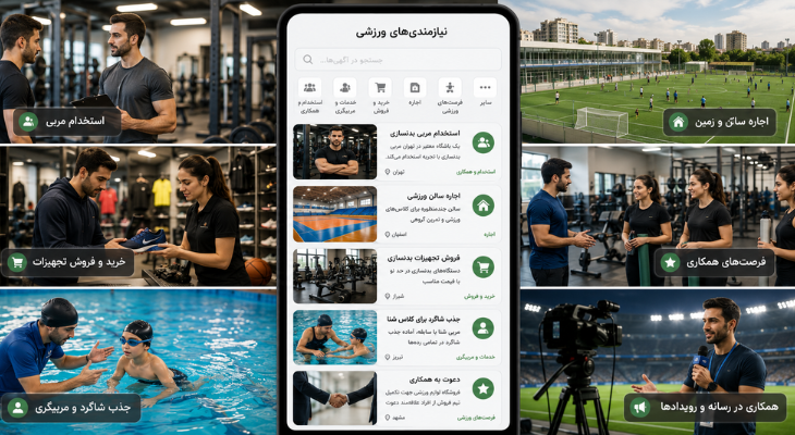 تصویر لنداسکیپ از فرصتهای ورزشی شامل استخدام مربی، معرفی خدمات، فروش تجهیزات، جذب شاگرد، اجاره سالن و همکاری رسانهای برای ارتباط بهتر فعالان صنعت ورزش در ورزشاپ.